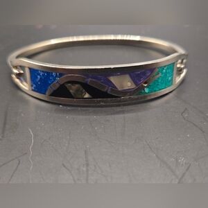 Sterling Silver Inlay Bracelet – Blue & Green Stone Mosaic – Artisan Style